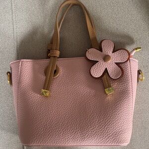 Pink Leather Tote Bag with Flower Charm